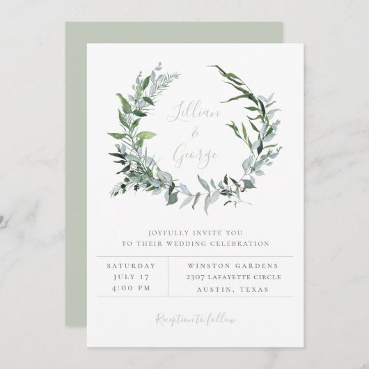 Dusty Sage Botanical Wreath Wedding Invitation Aankondiging (Voorkant / Achterkant)