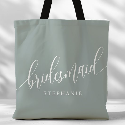 Dusty Sage Bruidsmeisje Modern Script Tote Bag