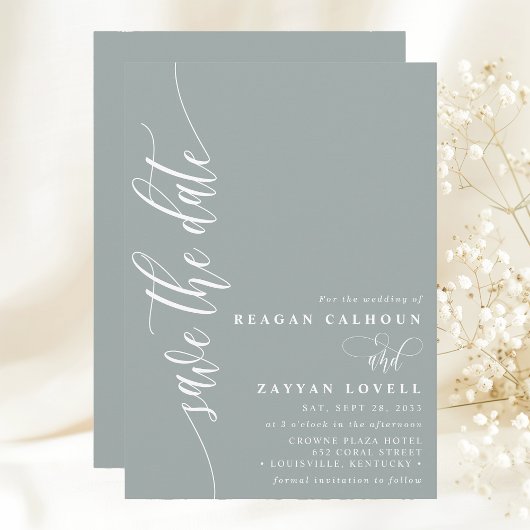 Dusty Sage Eenvoudig Modern Script De datum opslaa Save The Date