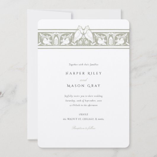 Dusty Sage en Duif Witte Tortelduifjes Bruiloft Kaart (Voorkant)