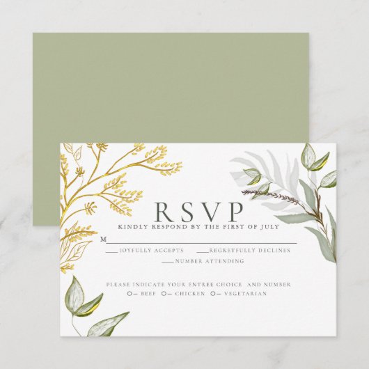 Dusty Sage en Gold Foliage RSVP Kaartje (Voorkant / Achterkant)