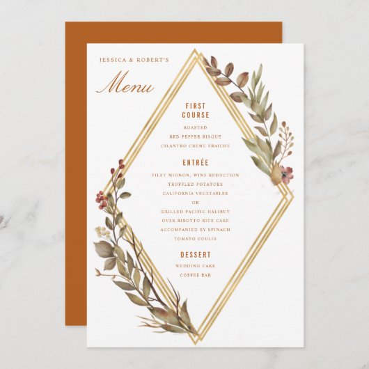 Dusty Sage Gold Diamond Rust Fall Wedding Menu (Voorkant / Achterkant)