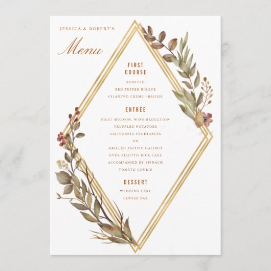 Dusty Sage Gold Diamond Rust Fall Wedding Menu (Voorkant)