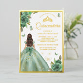 Dusty Sage Green Floral Butter Quinceanera Gold Folie Uitnodiging (Staand Voorkant)
