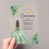 Dusty Sage Green Floral Butterfly Quinceanera Acryl Uitnodigingen (Insitu (Draagbaar))