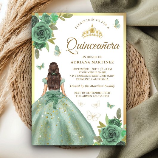Dusty Sage Green Floral Butterfly Quinceanera Kaart