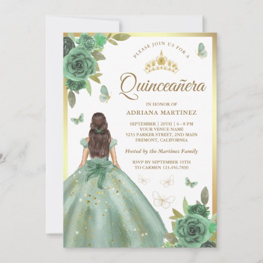 Dusty Sage Green Floral Butterfly Quinceanera Kaart (Voorkant)