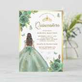 Dusty Sage Green Floral Butterfly Quinceanera Kaart (Staand voorkant)