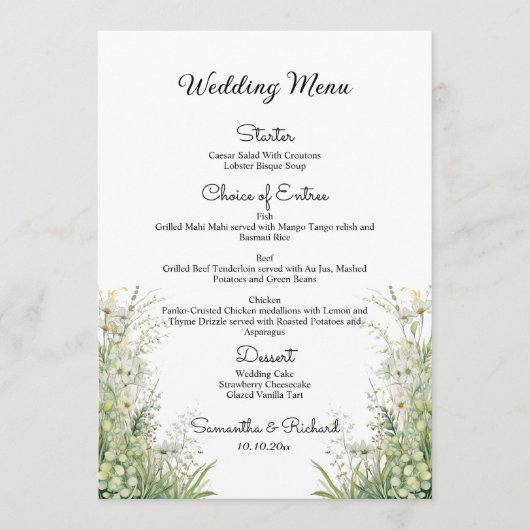 Dusty Sage Green Flowers 5x7'' Wedding Menu (Voorkant)