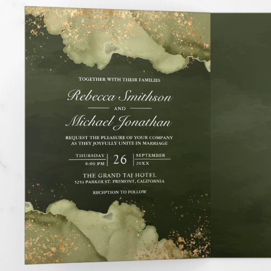 Dusty Sage Green Gold Abstract Ink QR Code Weddens Drieluik Uitnodiging (Binnenzijde eerst)