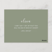 Dusty Sage Green Minimalist Maid of Honor Voorstel Briefkaart (Achterkant)