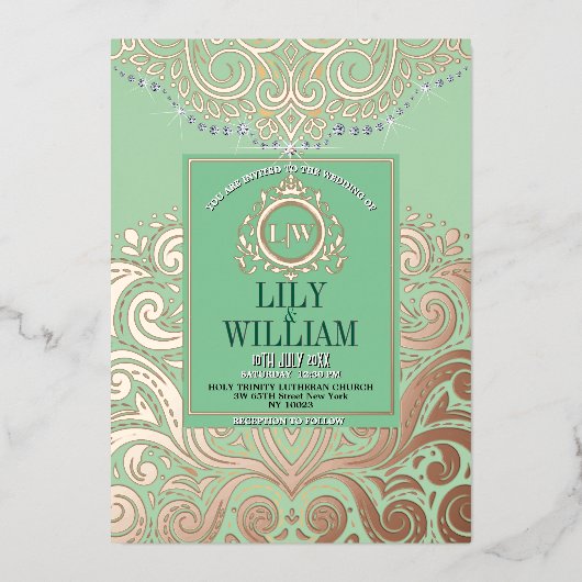 Dusty Sage Green RoseGold Classic Monogram Huwelij Folie Uitnodiging (Voorkant)