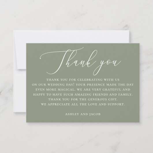 Dusty Sage Green Script Wedding | Elegant rustiek Bedankkaart (Voorkant)