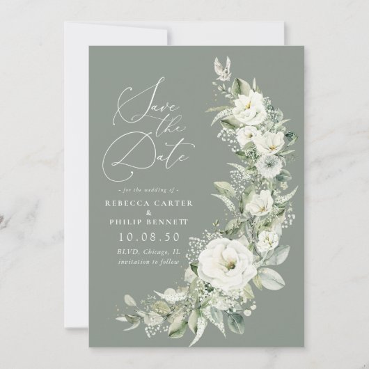 Dusty Sage Green Sla de datumkaarten op Save The Date (Voorkant)