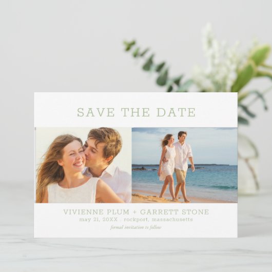 Dusty Sage Green Text Three Photo Wedding Save The Date (Staand voorkant)