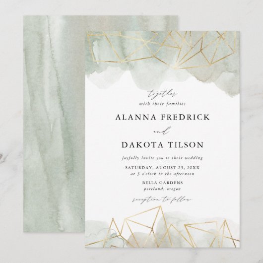 Dusty Sage Green Waterverf Gold Geometric Wedding Kaart (Voorkant / Achterkant)