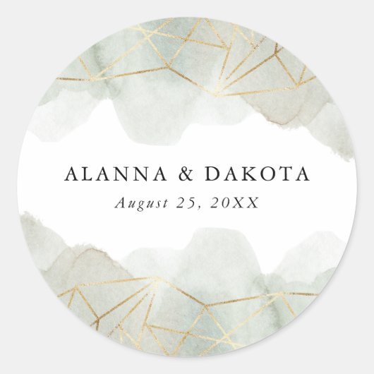Dusty Sage Green Waterverf Gold Geometric Wedding Ronde Sticker (Voorkant)
