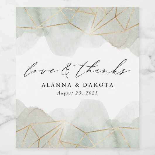 Dusty Sage Green Waterverf Gold Geometric Wedding Wijn Etiket (Enkel label)