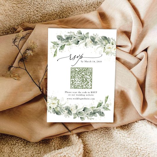 Dusty Sage Green Wedding RSVP Kaart met QR-code