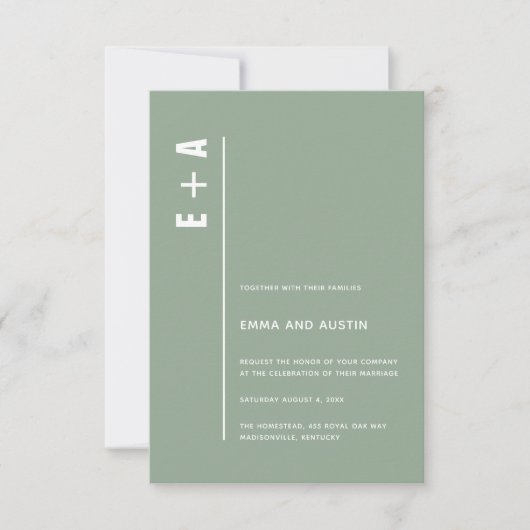 Dusty Sage Modern Minimalist Bold Initialen Wedden Kaart (Voorkant)