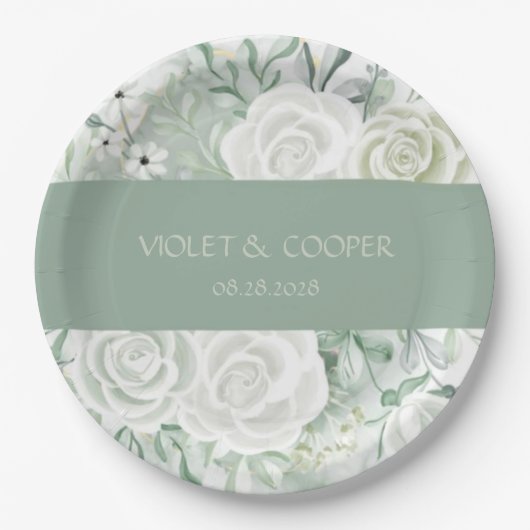 Dusty Sage Waterverf Florals Wedding Papieren Bordje (Voorkant)