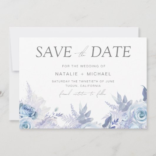 Dusty Sky Blue Floral bruiloft Save The Date (Voorkant)