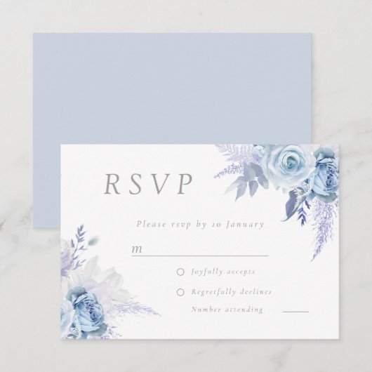 Dusty Sky Blue Goddelijke Bloemen Bruiloft Alles E RSVP Kaartje (Voorkant / Achterkant)
