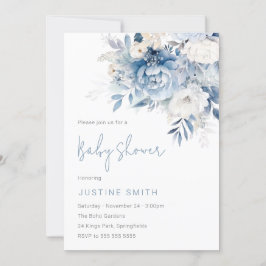 Dusty Sky Blue & White Flowers Baby shower Kaart