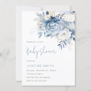 Dusty Sky Blue & White Flowers Baby shower Kaart