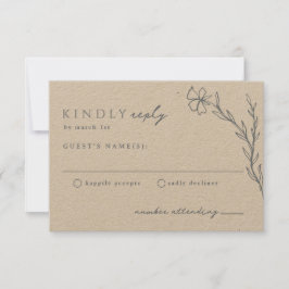 Dusty Steel Blue Modern Stenciled Botanical RSVP Kaartje