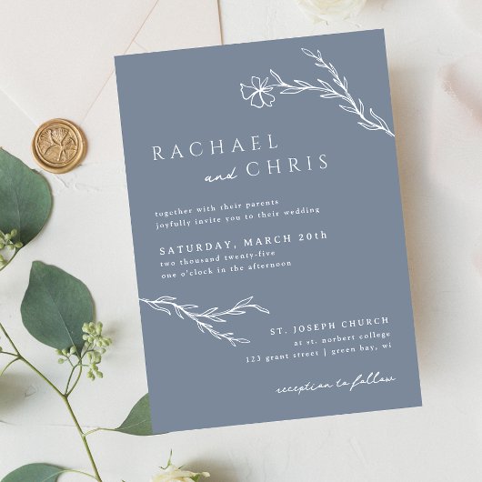 Dusty Steel Blue Modern Stenciled Floral Botanical Kaart