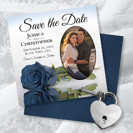 Dusty Steel Blue Roos Oval Foto Elegant Wedding Save The Date