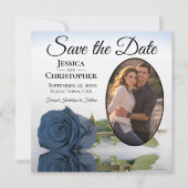 Dusty Steel Blue Roos Oval Foto Elegant Wedding Save The Date (Voorkant)