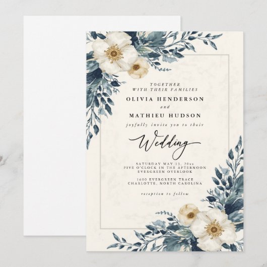 Dusty Teal Botanical Whimsy Wedding Kaart (Voorkant / Achterkant)