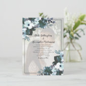Dusty Twilight Blue Floral Wedding Foto Kaart (Staand voorkant)