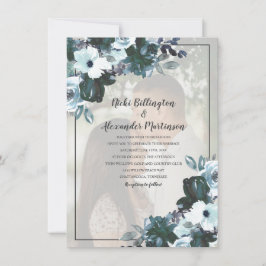 Dusty Twilight Blue Floral Wedding Foto Kaart