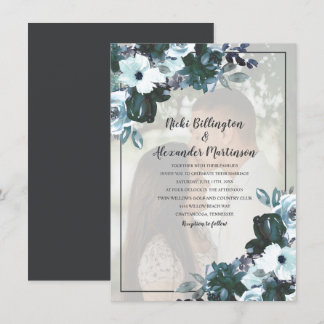 Dusty Twilight Blue Floral Wedding Foto Kaart