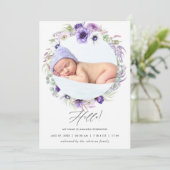 Dusty Violet Birth Announding-fotokaart Aankondiging (Staand voorkant)