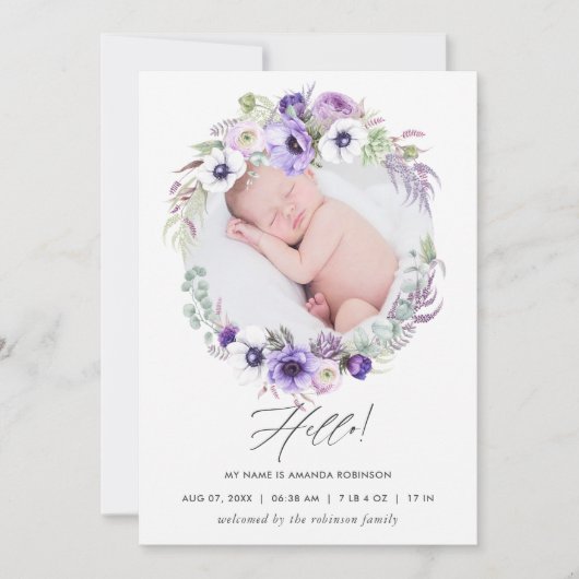 Dusty Violet Birth Announding-fotokaart Aankondiging (Voorkant)
