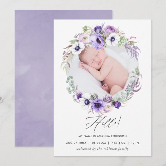 Dusty Violet Birth Announding-fotokaart Aankondiging (Voorkant / Achterkant)