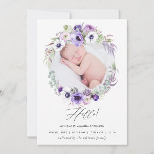 Dusty Violet Birth Announding-fotokaart Aankondiging