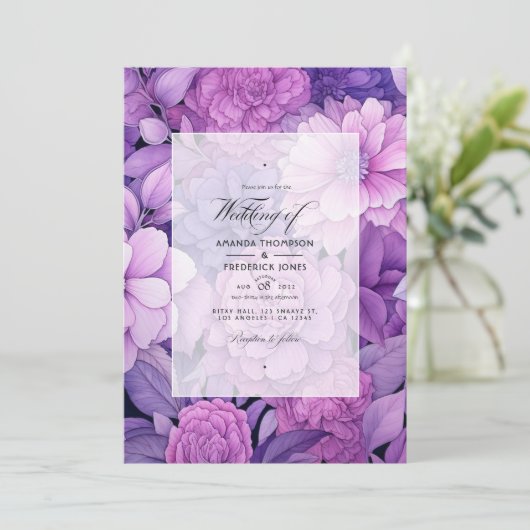 Dusty Violet Bloemen Bruiloft Kaart (Staand voorkant)