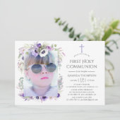Dusty Violet Bloemen Eerste Heilige Communie Kaart (Staand voorkant)