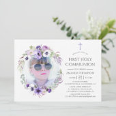Dusty Violet Bloemen Eerste Heilige Communie Kaart (Staand voorkant)