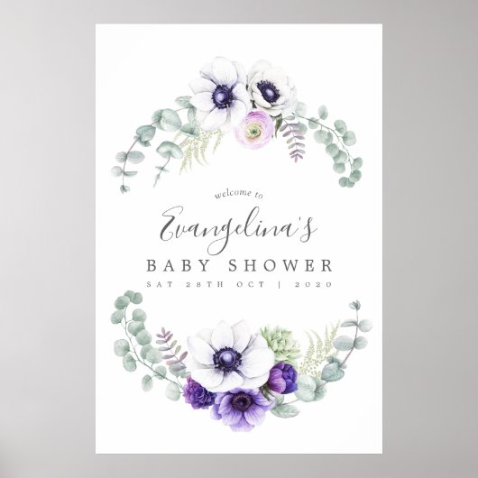 Dusty Violet Floral Baby shower Welkom Poster (Voorkant)