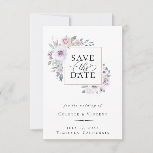 Dusty Violet Floral Gold Lijst Save the Date Aankondiging (Voorkant)