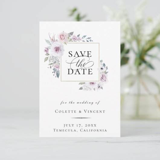 Dusty Violet Floral Gold Lijst Save the Date Aankondiging (Staand voorkant)