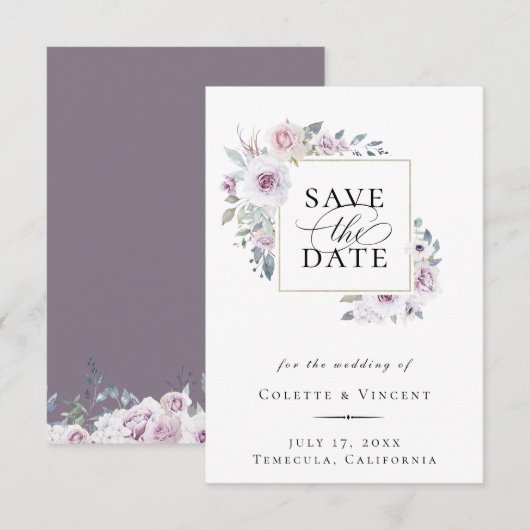 Dusty Violet Floral Gold Lijst Save the Date Aankondiging (Voorkant / Achterkant)