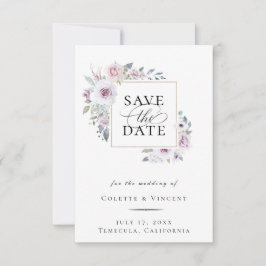 Dusty Violet Floral Gold Lijst Save the Date Aankondiging