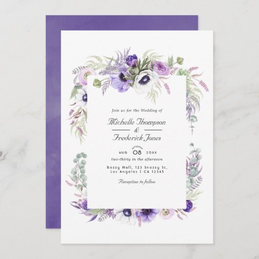 Dusty Violet Floral QR Code RSVP Weddenschap Kaart (Voorkant / Achterkant)